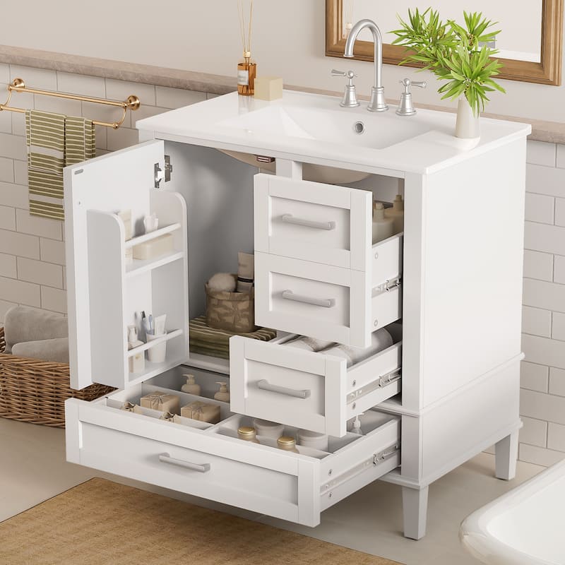 GDFStudio - Lumia Transitional Space Saving Freestanding Bathroom Vanity Cabinet with Ceramic Sink and Soft Close Storage - White - 30"