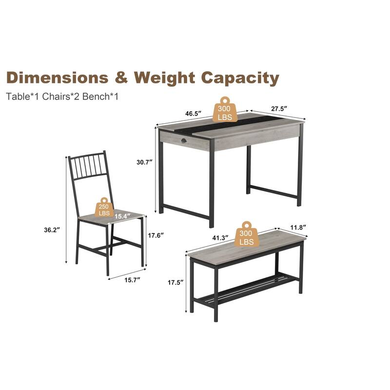 Dining Table Set for 4, Small Kitchen Table and 2 Chairs for 4 with Bench
