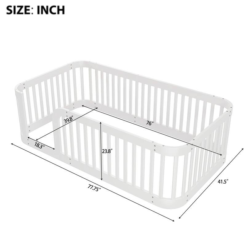 Twin Size Wood Floor Bed Frame with Fence, White