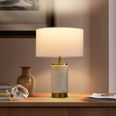 Brightech Arden 17 in. White Mid-Century Modern LED Standard Table Lamp with White Fabric Drum Shade and Built-In USB Port