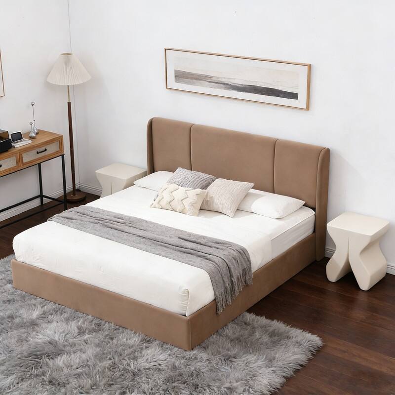 Modern Minimalist Upholstered Storage Bed with Lift-Up Platform - Brown - King