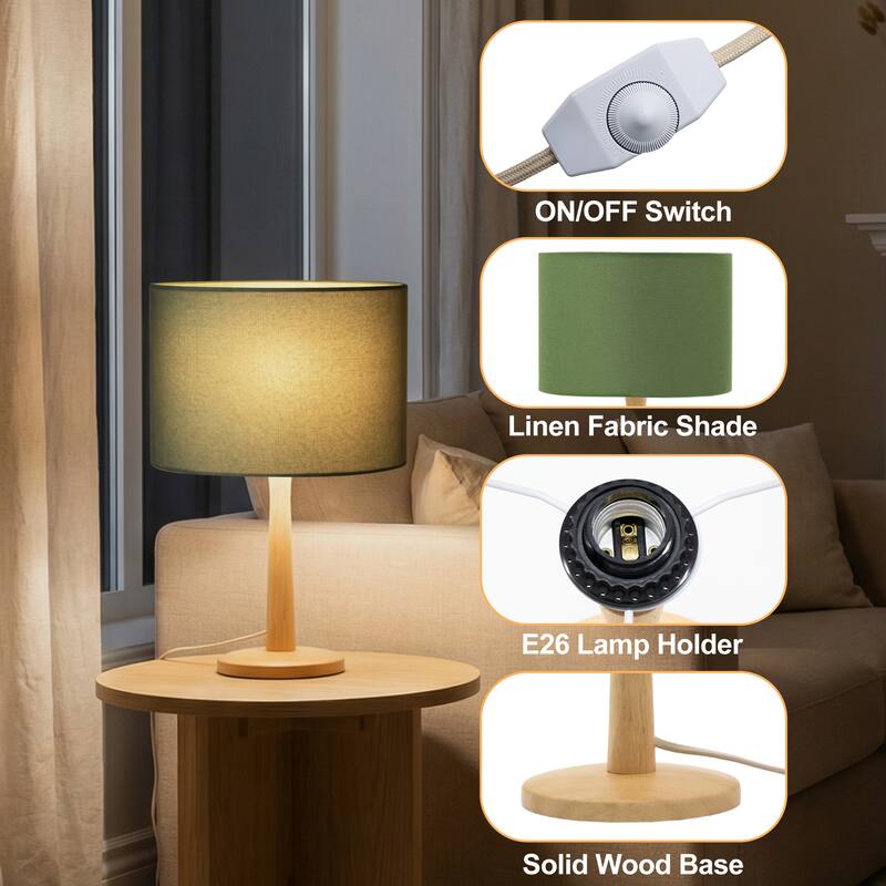 16.3" Modern Table Lamp with Natural Wood Base, Linen Fabric Drum Shade for Bedroom, Living Room, Nightstand