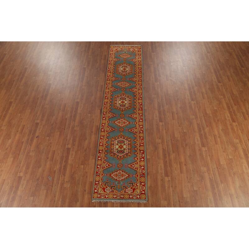 Geometric Viss Indian Runner Rug Handmade Wool Carpet - 2'7"x 11'9"