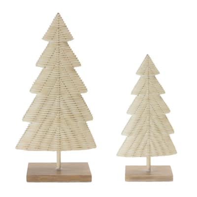 Woven Wicker Christmas Tree Decorations 17" Beige and Brown Set of 2