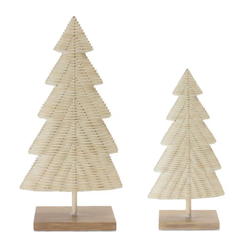 Woven Wicker Christmas Tree Decorations 17" Beige and Brown Set of 2