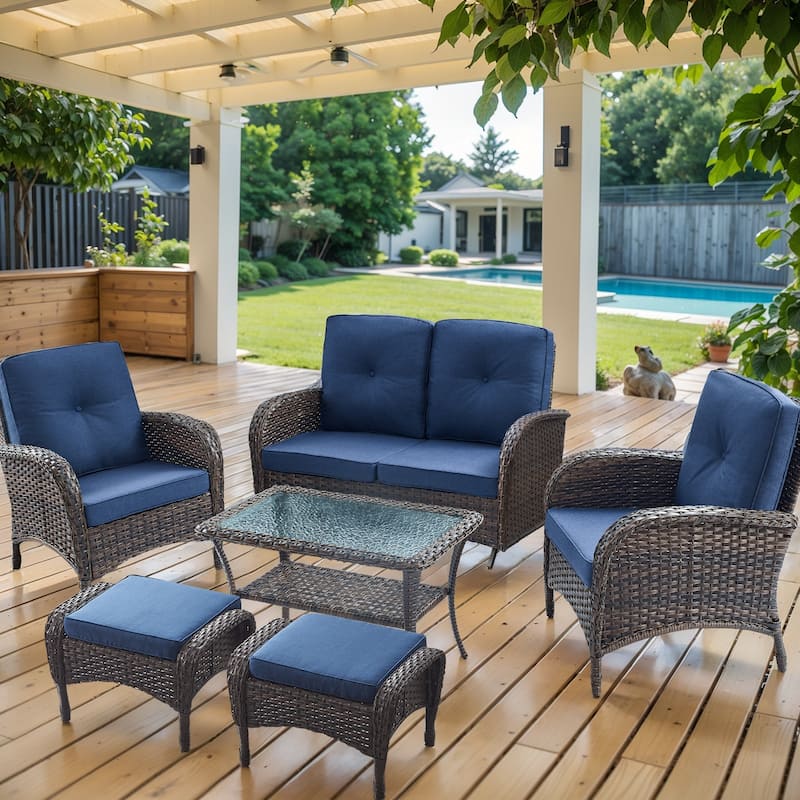 Rattan Outdoor Glider Sofa Chair with Ottomans - Brown - Blue
