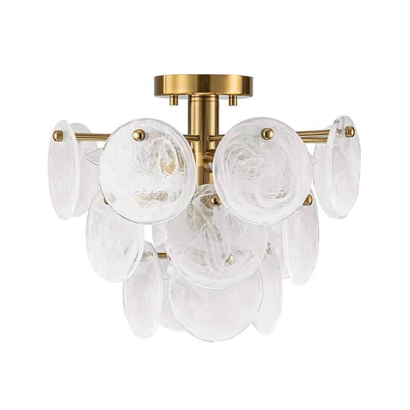 4-Light Tiered Cloud Glass Discs Semi-flush Mount - Burnished Brass - 13.8in