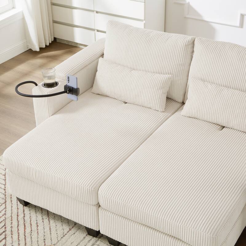 Convertible Chaise Lounge Sofa Chair with USB Ports, Storage 37.4" Corduroy Sleeper Sofa Bed with Adjustable Backrest