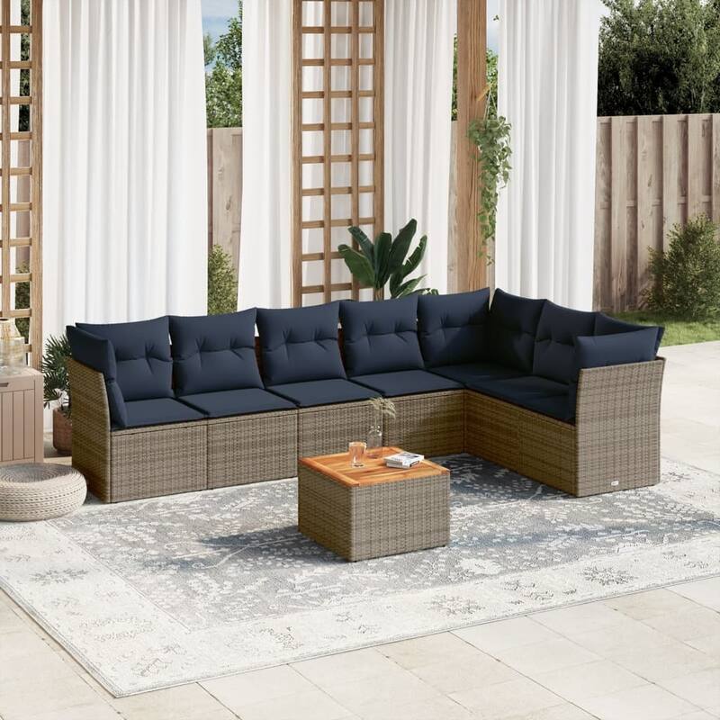 vidaXL Patio Sofa Set with Cushions Outdoor Furniture 8 Piece Poly Rattan - 24.4" x 24.4" x 27.2" - Gray and blue