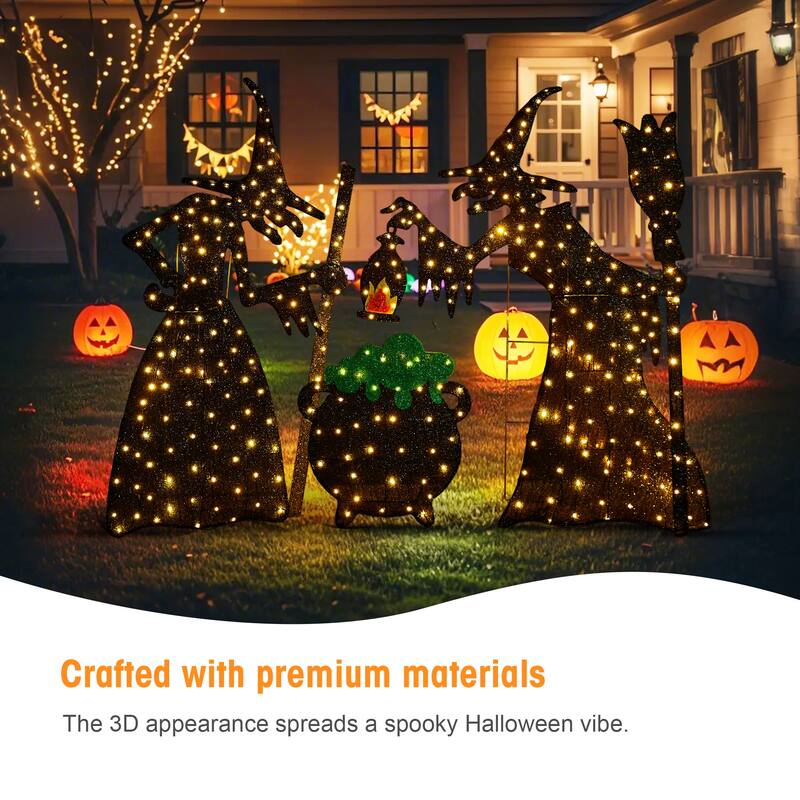 Glitzhome 5ft Set of 3 Pre-lit Halloween 3D Witches with Cauldron Outdoor Decor with 340 Warm White LED Lights