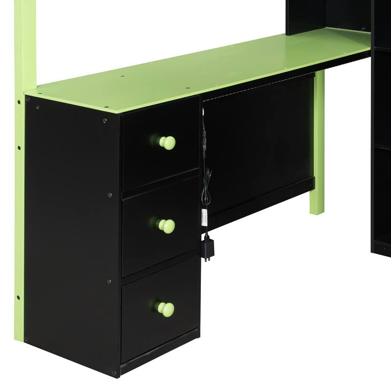 RGB Gaming Loft Bed with Desk, Light Strip, Display Wall, Storage Shelves, Sliding Access Door and Drawers, No Box Spring Needed