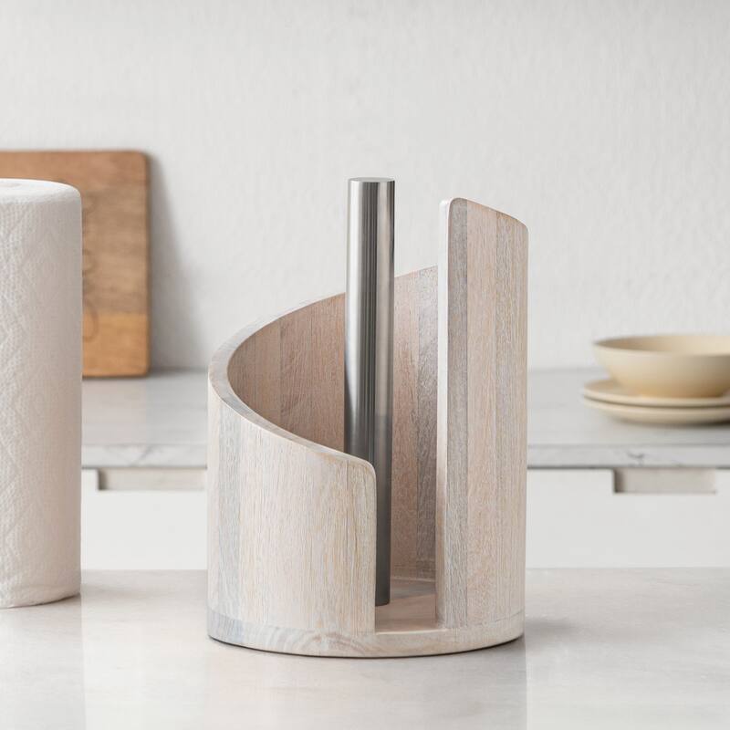 Jani Paper Towel Holder Countertop with Mango Wood Round Base and Iron Holder - Off-White