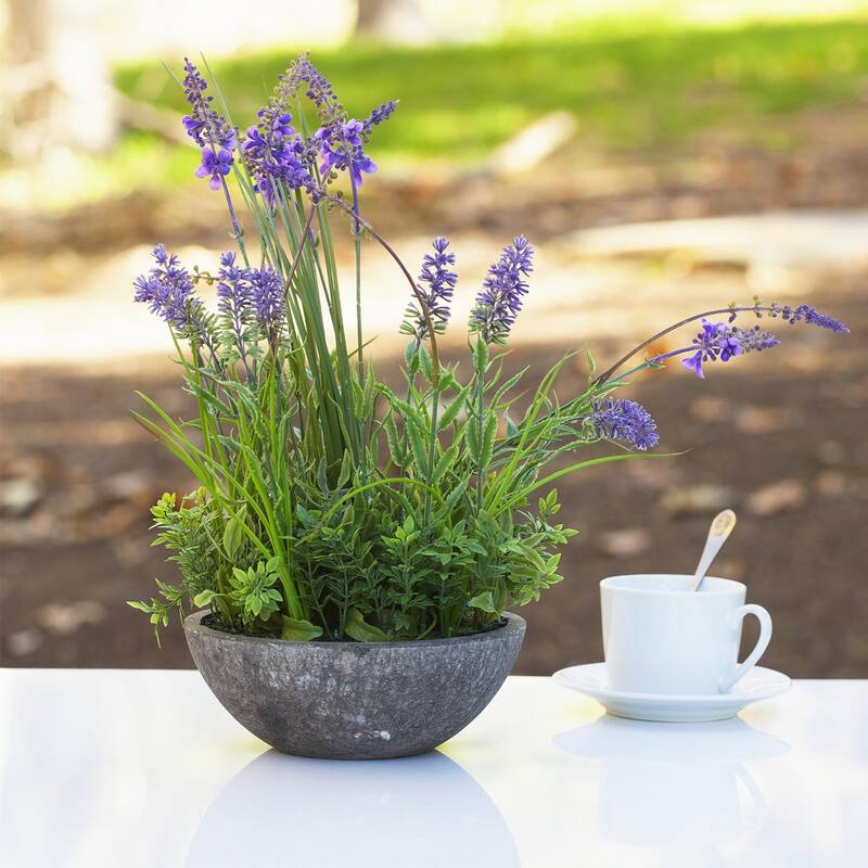 Enova Home Artificial Lavender Flowers with Greenery Arrangement in Round Tapered Ceramic Pot - 14"H x 12"W x 12"D - Purple
