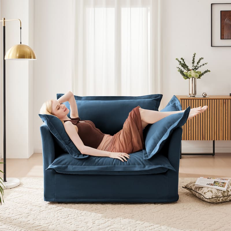 49" Oversized Accent Chair Single Sofa Chair with Deep Seat, Modern Chenille Upholstered Armchair with Pillows for Living Room - Blue