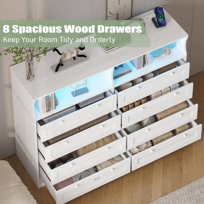 8 Drawers Wooden Dressers for Bedroom Living Room, Hallway, Wood Dressers with Led Lights and Charging Station