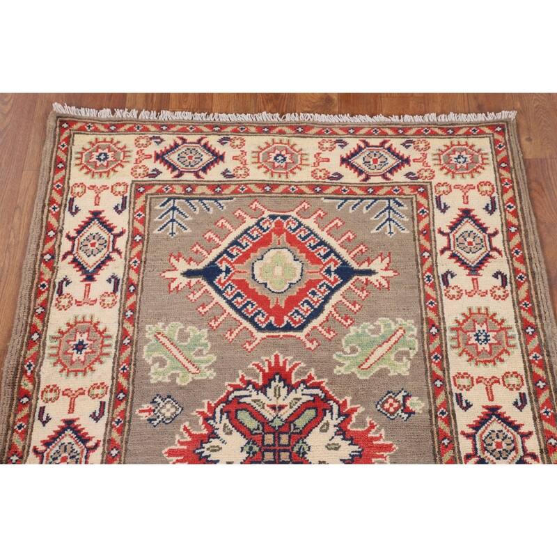 Brown Geometric Kazak Oriental Accent Rug Handmade Wool Carpet - 2'10" x 4'0"