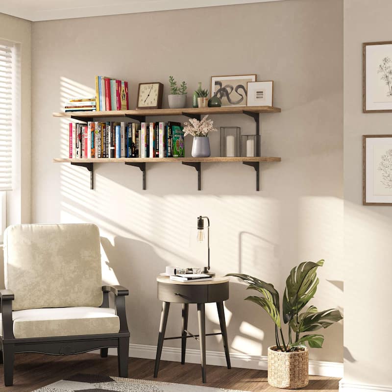 Wallniture Turin 60" Wall Mounted Shelves with Adjustable Brackets, 1" Thick Floating Shelves for Home Office Decor, 2,3,4 Tier - 2 Boards - 2 Tier