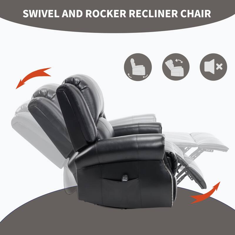Roomfitters Swivel Rocker Recliner Chair with Heat and Massage Manual Reclining Fabric Lounge Sofa for Living Room, Black