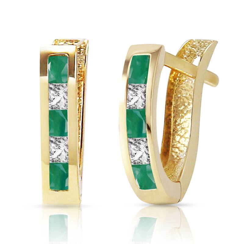 1.26 Carat 14K Solid Gold Emerald White Topaz Hoop Gemstone Earrings - Yellow