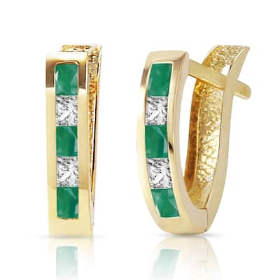 1.26 Carat 14K Solid Gold Emerald White Topaz Hoop Gemstone Earrings