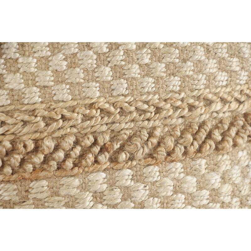 18" Cream and Brown Geometric Textured Square Pouf Ottoman