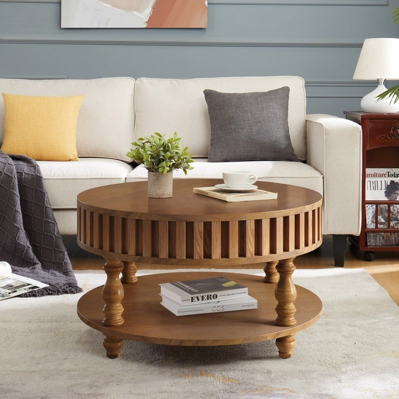 Farmhouse 31.49" Round Coffee Table with Storage and Flip-Top Lids for Rustic Living Room Organization and Style