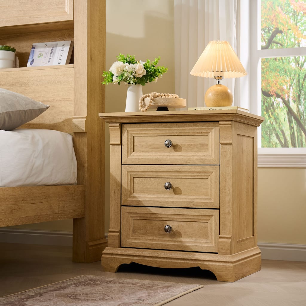 Farmhouse 3 Drawers Nightstand with Charging Station, Rustic End Table