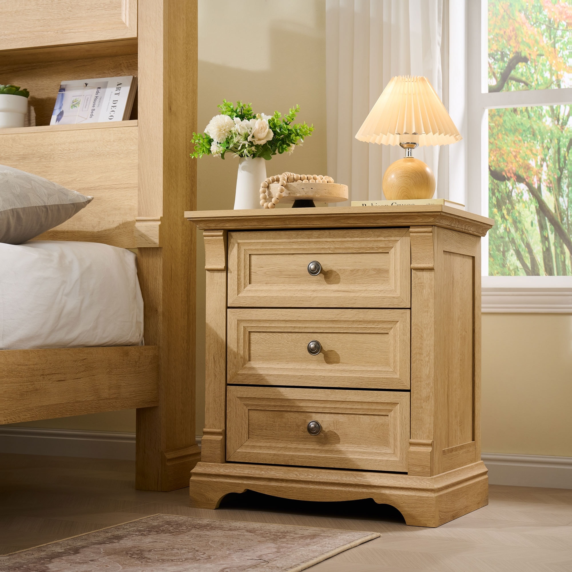 Farmhouse 3 Drawers Nightstand with Charging Station, Rustic End Table