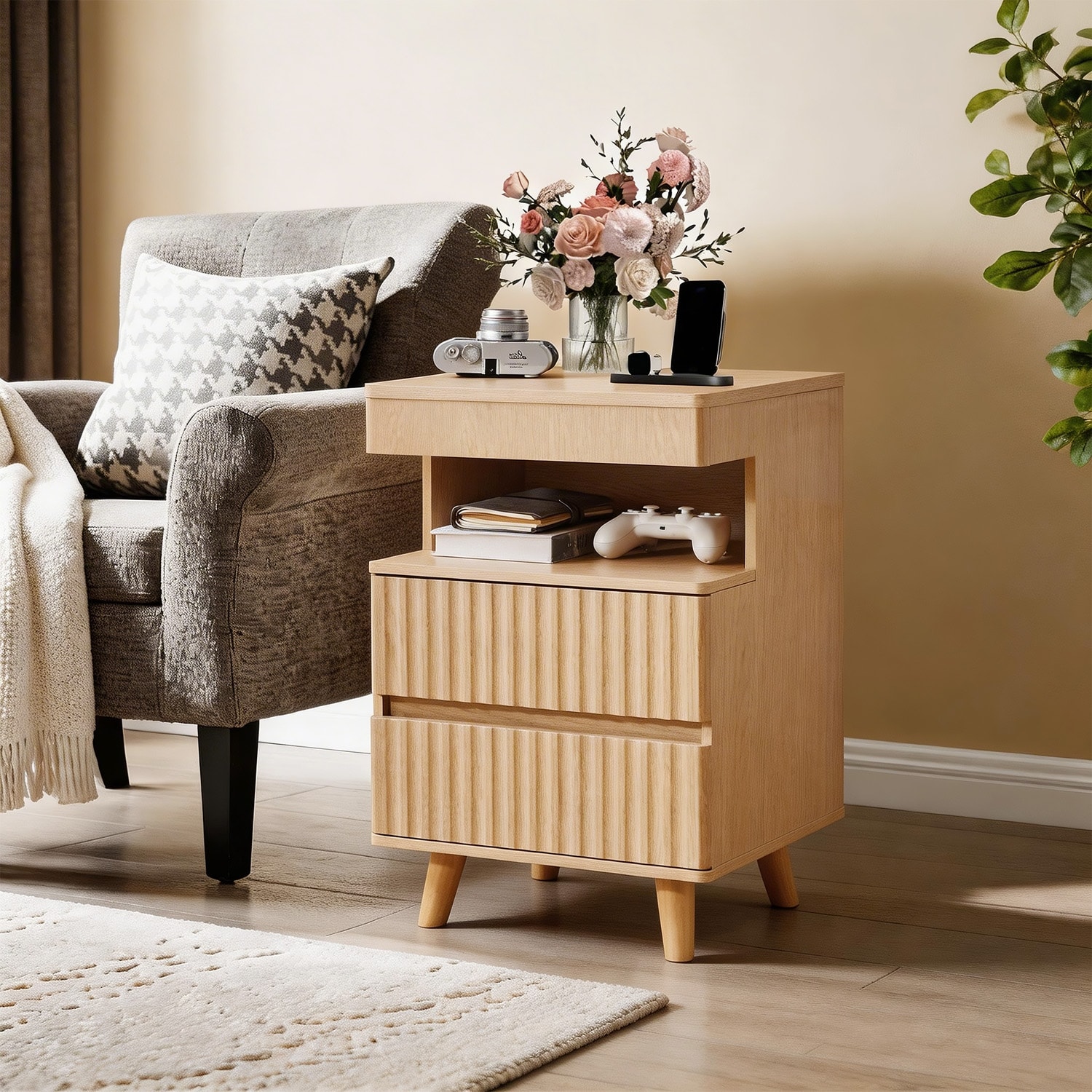 Modern Oak Nightstand with 2 Drawers and Charging Station
