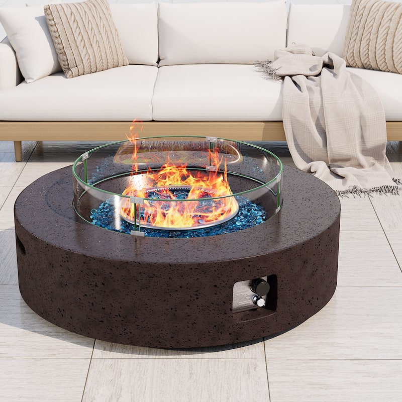 COSIEST 42'' Outdoor Round Propane Fire Pit w Wind Guard and Fire Glass