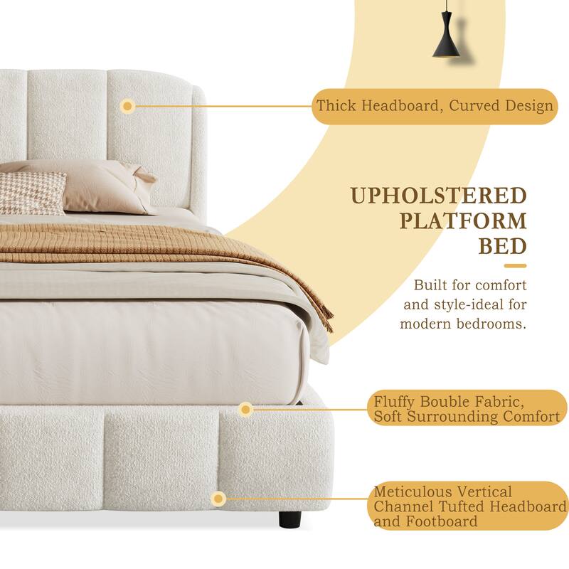 Christopher Knight Home Soft Boucle Fabric Upholstered Platform Bed with Curve-Shaped Design Headboard