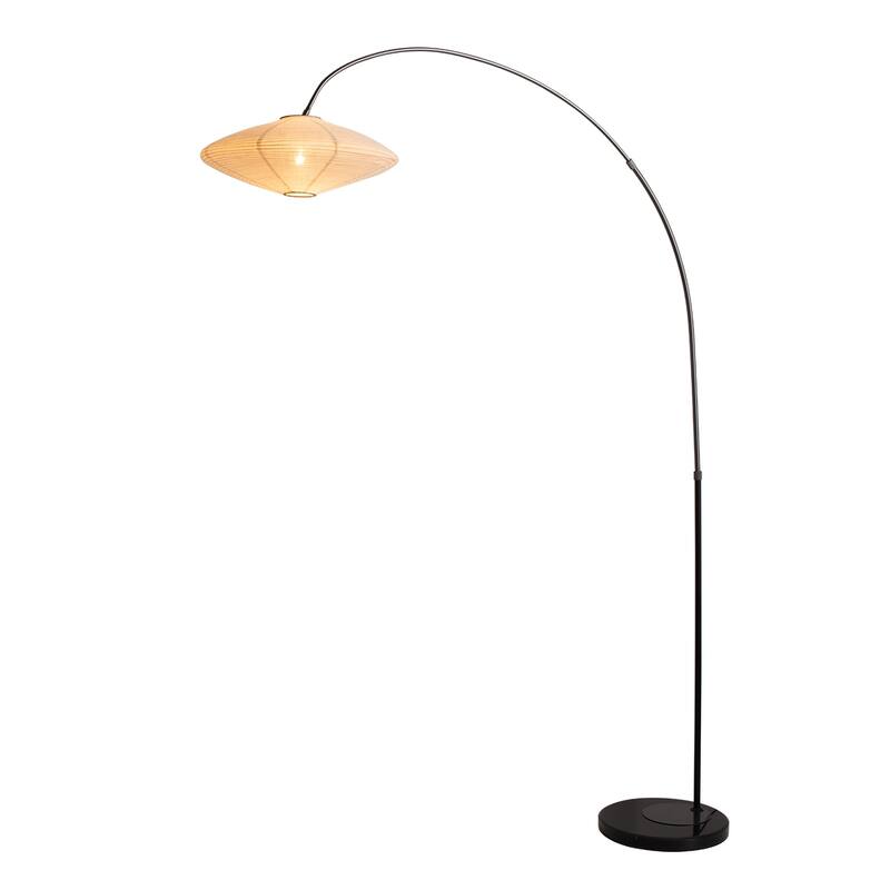 Roswell Floor Lamp - Matte Black Finish, Handcrafted Shinpuru-sa Linen-Cotton Shade, Black Marble Base, Dimmer