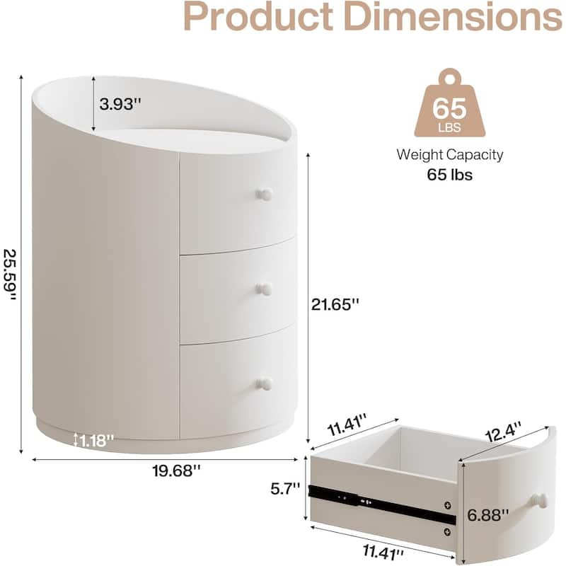 White Round Nightstand, Modern Wood Fully Assembled Bed Side Table with 3 Drawers for Living Room, Bedroom