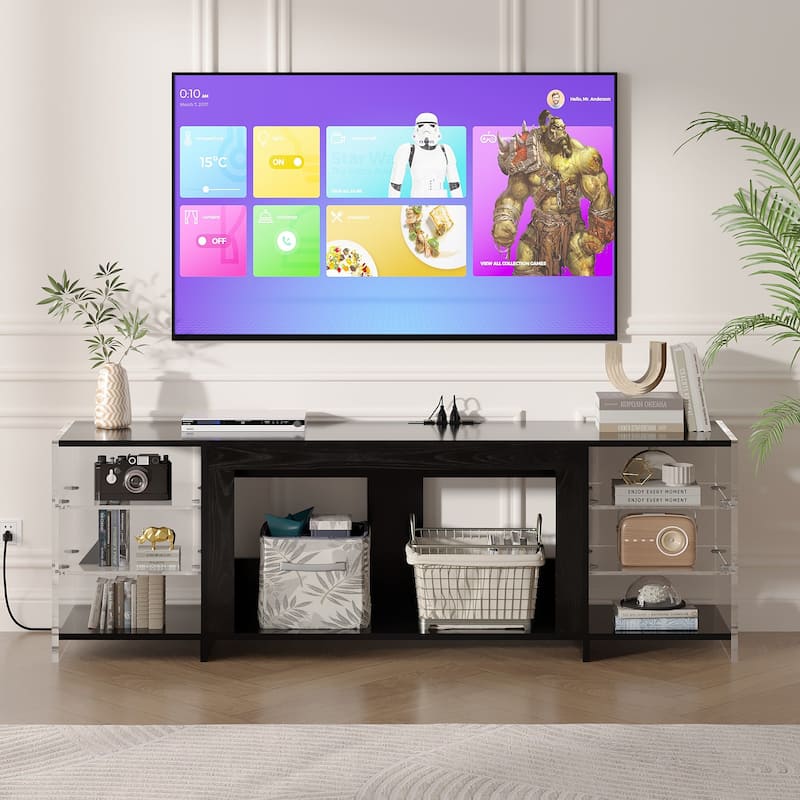 VECELO 70" Rustic TV Stand without/with Fireplace Heater(2 Options),Media Entertainment Center Table with Storage Shelves - Without Fireplace - Black