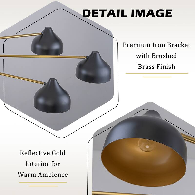 6-Light Mid-Century Matte Black & Gold Linear Chandelier Iron Shades - W 55.12-in