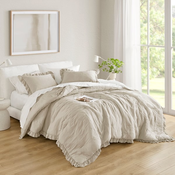 Chelsea Square Phoebe Diamond Quilted Ruffle Edge Comforter Set - Neutral - Queen