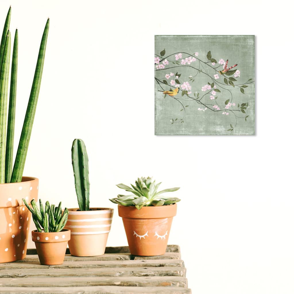 Wynwood Studio Canvas Floral and Botanical Cute Birds Flirt Green and Pastel Pink Farmhouse Wall Art Canvas Print