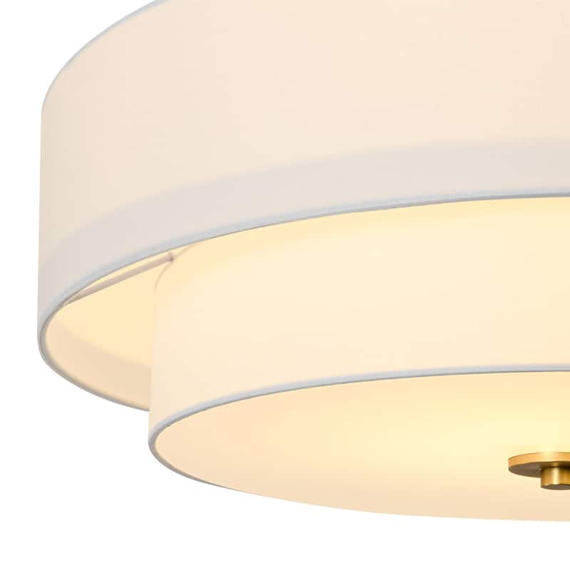 French Country Brass Round White Linen Drum Ceiling Light