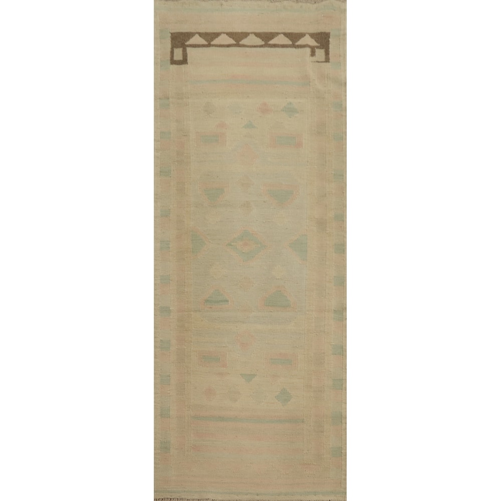 Hand Woven Oriental 100% Wool Carpet Southwestern Tribal Beige & Ivories Kilim Runner Rug - 6' 5'' X 2' 3''