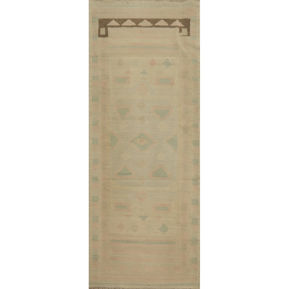 Hand Woven Oriental 100% Wool Carpet Southwestern Tribal Beige & Ivories Kilim Runner Rug - 6' 5'' X 2' 3''