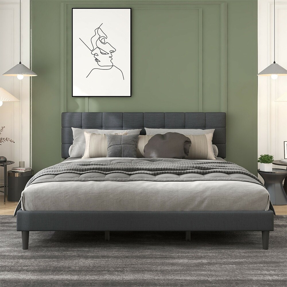 Full Size Upholstered Bed Square Stitched Headboard Dark Grey