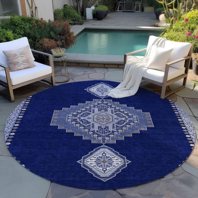 Machine Washable Indoor/ Outdoor Boho Traditional Chantille Rug - Navy - 8' x 8'