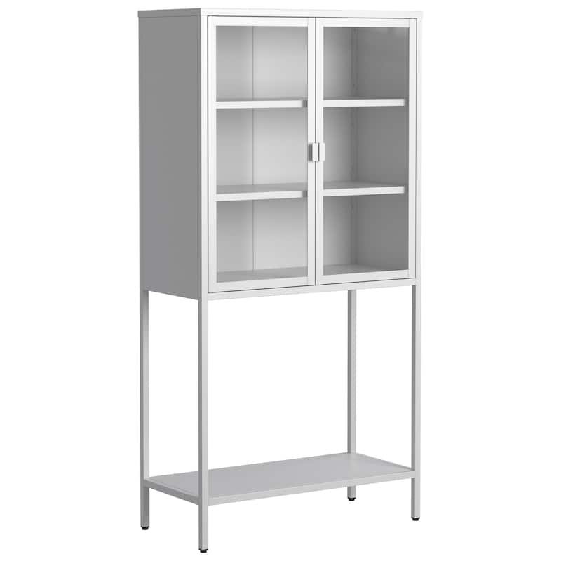59"H Metal Storage Cabinet,Display Storage Cabinet with Glass Doors and 2 adjustable Shelves,Tall Bookcase Bookshelf Cabinet