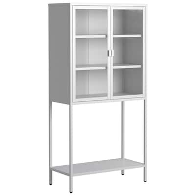 Metal Storage Cabinet: Glass Doors, 2 Adjustable Shelves - Tall Modern Bookcase for Home Office, Living Room, Pantry