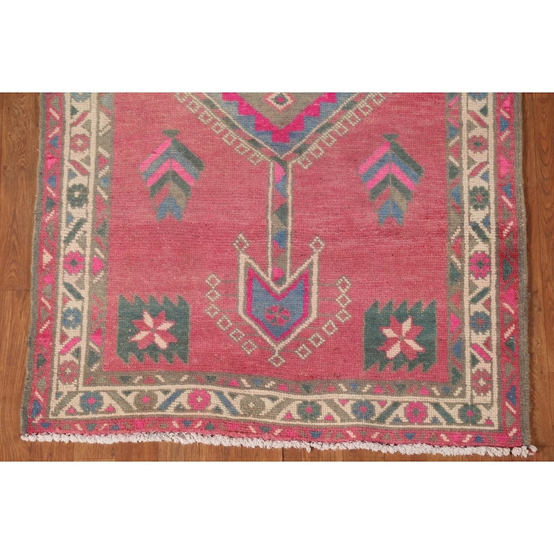 Pink Ardebil Persian Vintage Runner Rug Handmade Wool Carpet - 3'5"x 12'4"