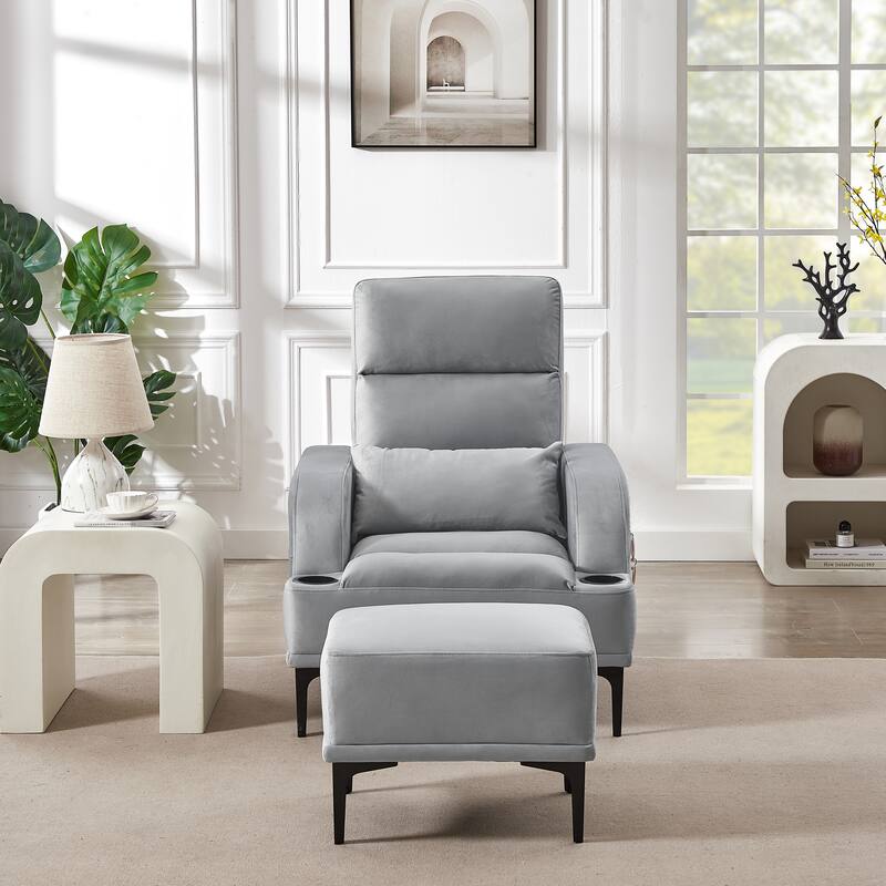 Accent Chairs with Ottoman, Velvet Fabric Armchair with Ottoman for Bedroom Living Room, Adjustable Backrest and Side Pockets - Grey