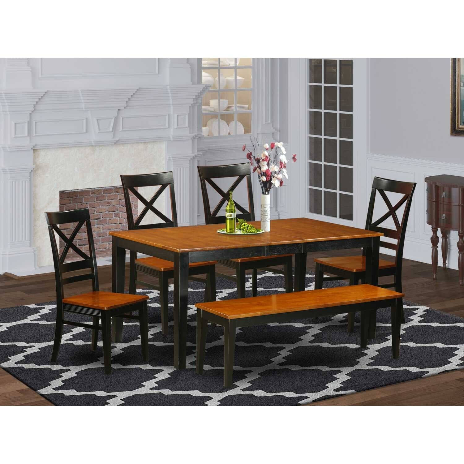 HomeStock 6-Piece Rectangle Black and Cherry Finish Solid Wood Top dining Table with 1-Bench and 4-Chairs