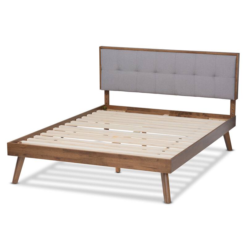 Light Grey Upholstered Platform Bed - Walnut Finish, Biscuit Tufted Headboard & Slats - 82"L x 62"W x 48"H
