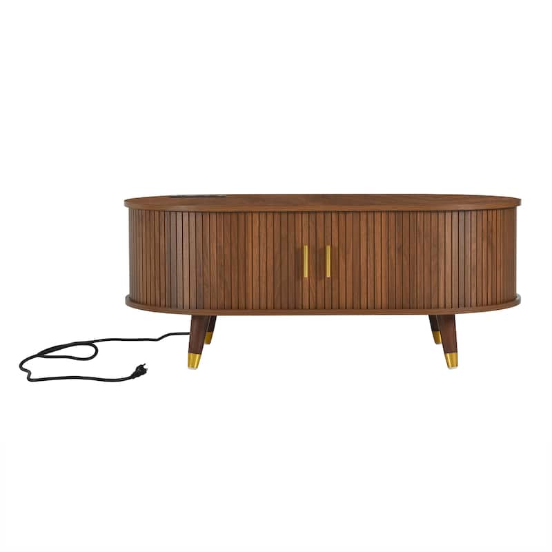 Mid-Century Modern Oval Coffee Table with Sliding Tambour Door, Charging Station and Solid Wood Legs, for Living Room