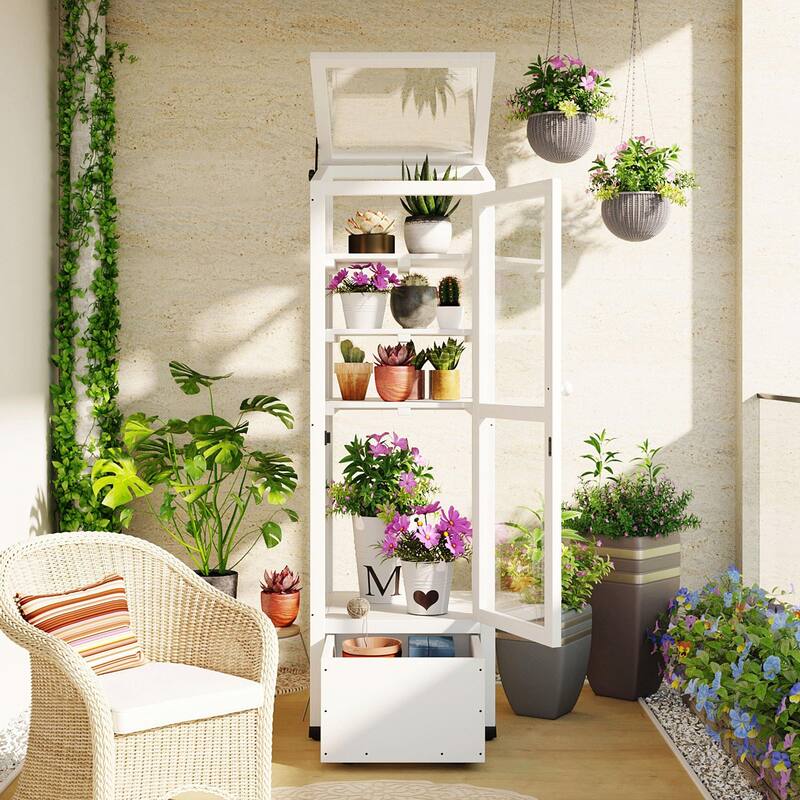 62.4-Inch Wooden Cold Frame Greenhouse - Balcony Design with Adjustable Shelves and Movable Storage Box - White